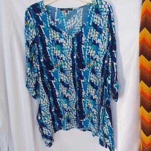 Lior Paris Navy Blue, White & Turquoise Tunic Sz L, 22" PTP, 32"L
